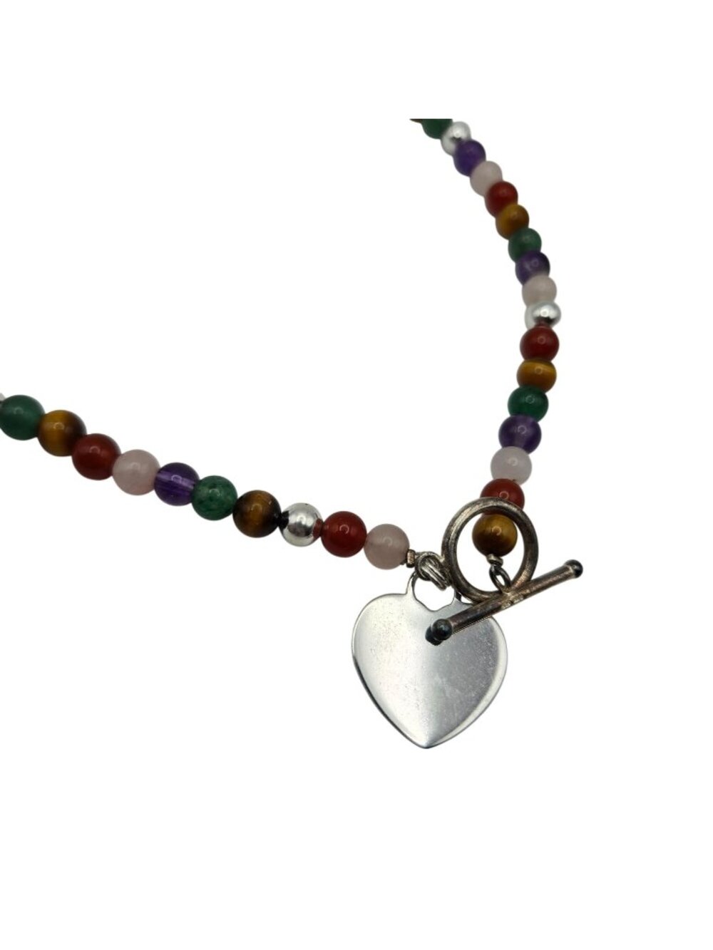 Vintage Multi- Gemstone Beaded Necklace Sterling Silver Heart Charm Toggle Clasp